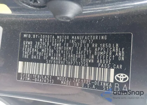 2017 Toyota Corolla Xle from USA, damaged, VIN 5YFBURHE1HP711256